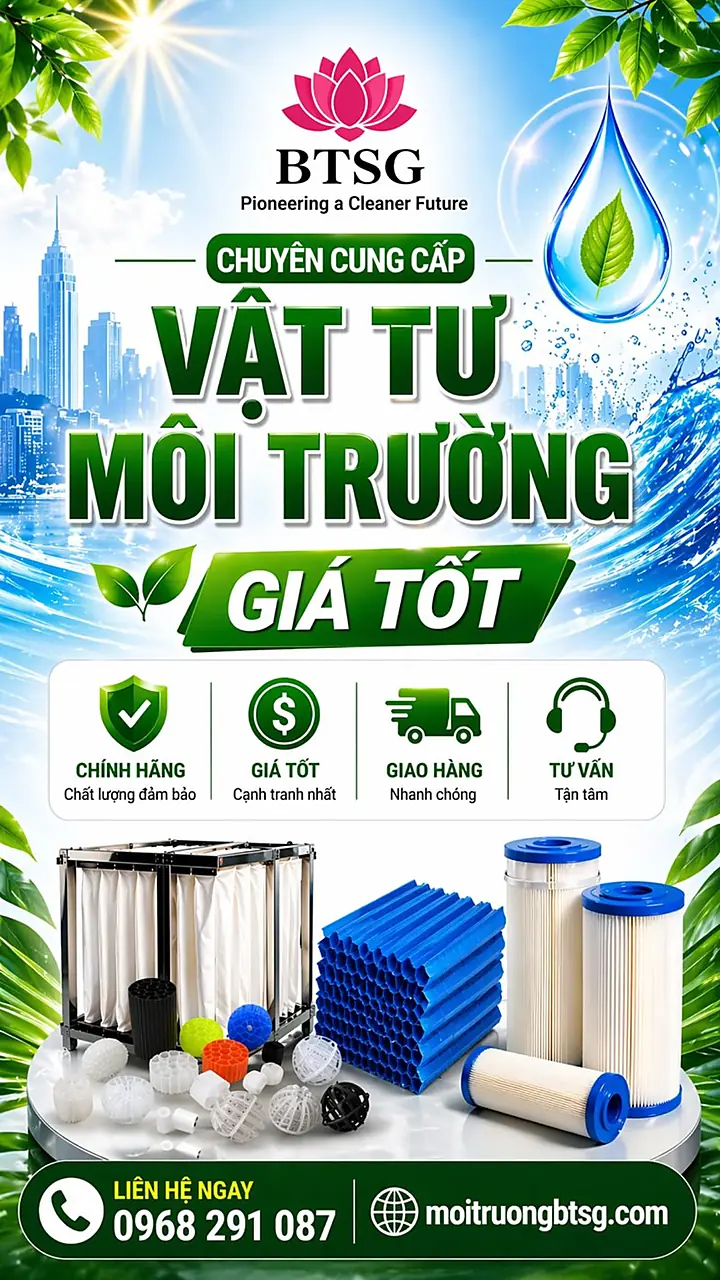 Vật tư môi trường BTSG gồm màng lọc MBR, tấm lắng lamen, giá thể vi sinh chính hãng, giá tốt, giao nhanh toàn quốc