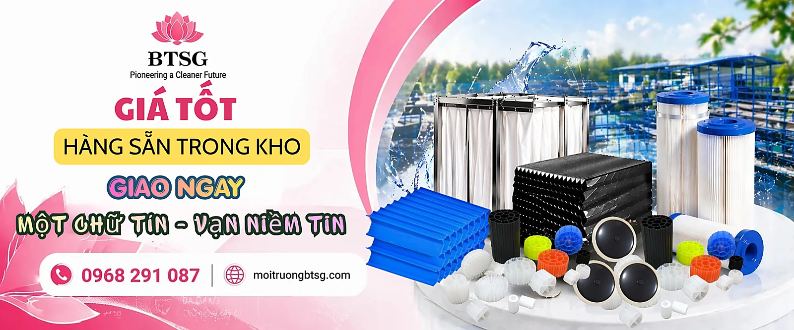 Vật tư môi trường BTSG giá tốt gồm màng lọc MBR, tấm lắng lamen, giá thể vi sinh, hàng sẵn kho giao nhanh toàn quốc